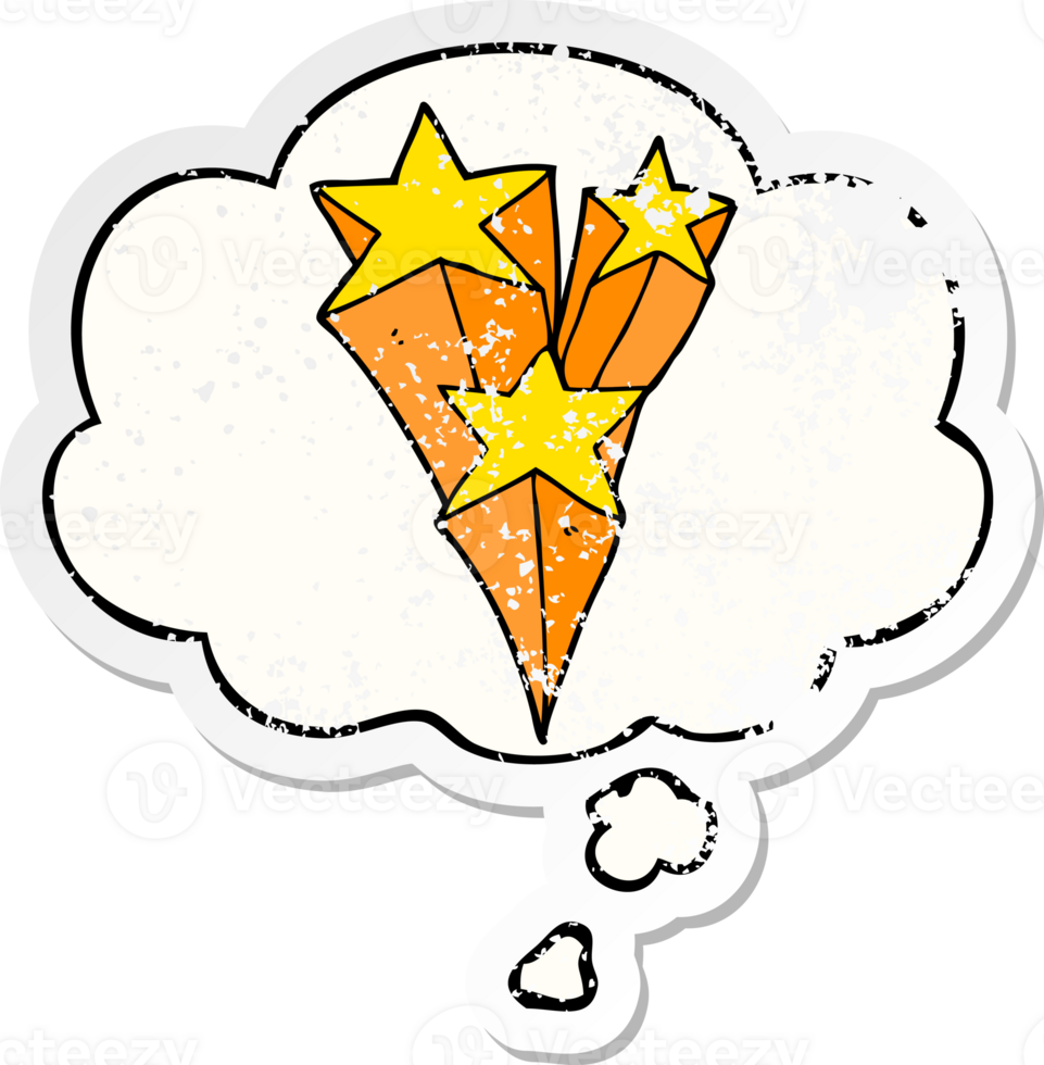 cartoon shooting stars with thought bubble as a distressed worn sticker png