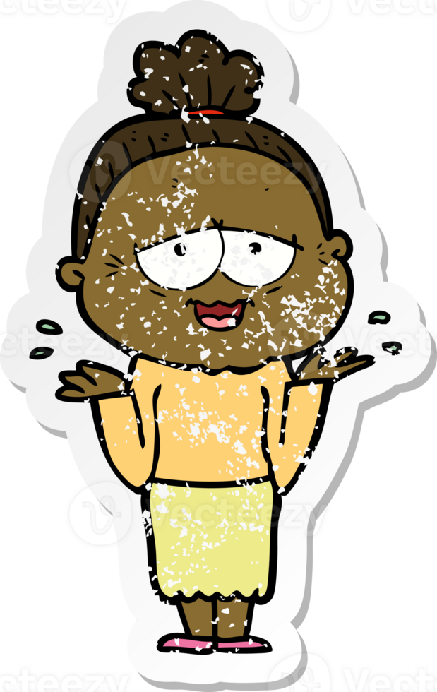 distressed sticker of a cartoon happy old lady png