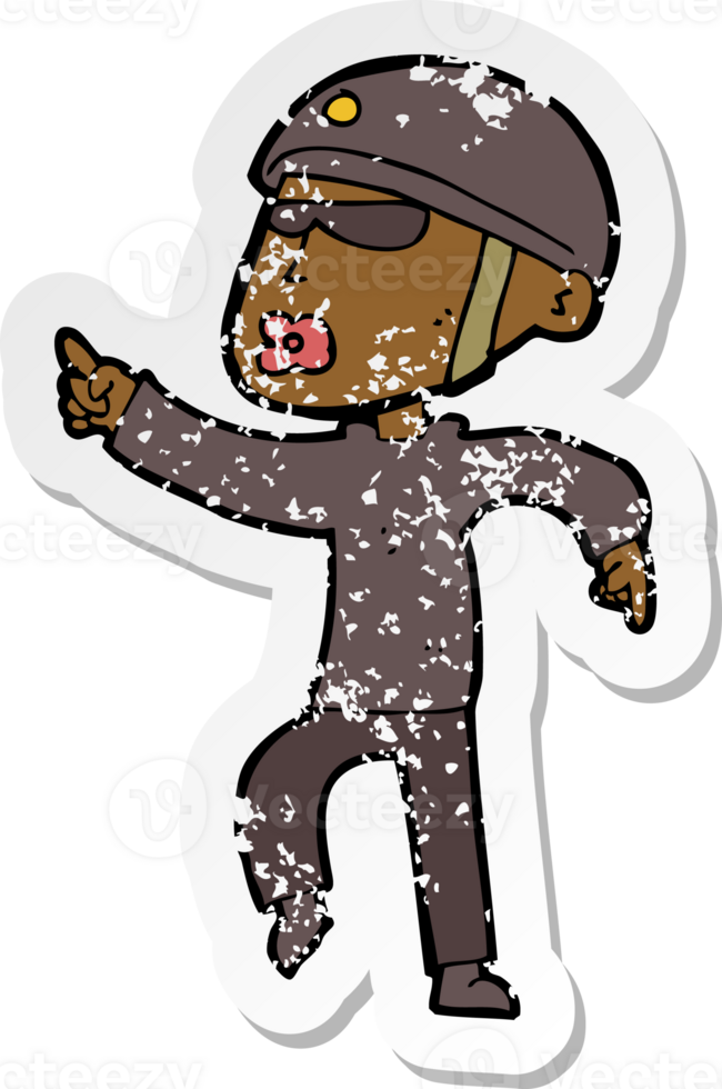 retro distressed sticker of a cartoon man in bike helmet pointing png