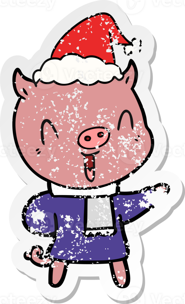 happy hand drawn distressed sticker cartoon of a pig in winter clothes wearing santa hat png