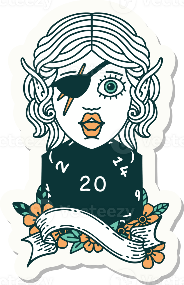 sticker of a elf rogue with natural twenty dice roll png