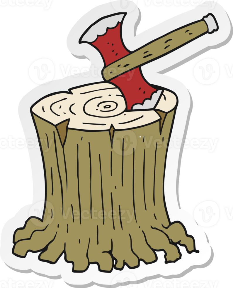 sticker of a cartoon axe in tree stump png