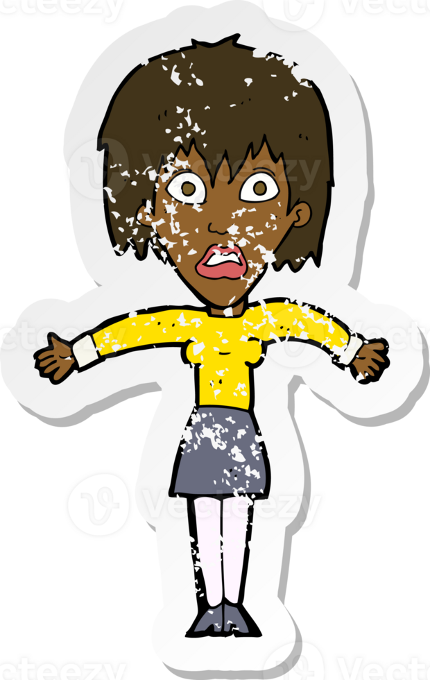 retro distressed sticker of a cartoon shocked woman png