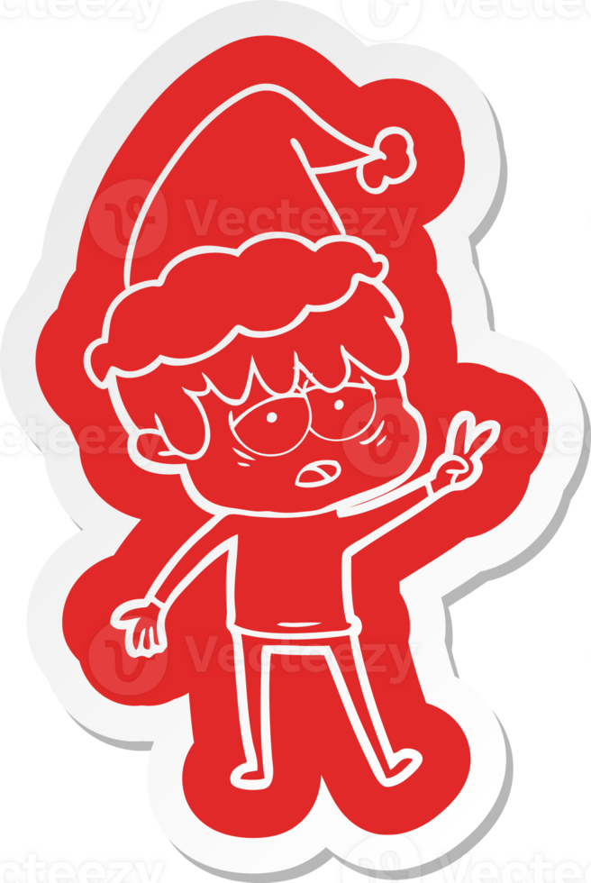 quirky cartoon  sticker of a exhausted boy wearing santa hat png