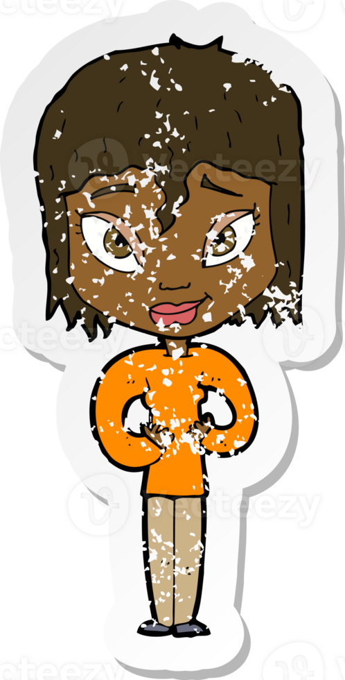 retro distressed sticker of a cartoon satisfied woman png