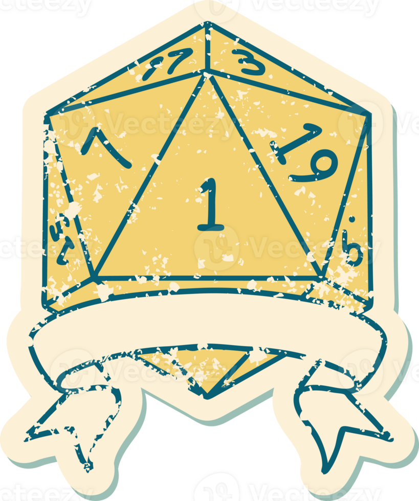 Retro Tattoo Style natural one d20 dice roll png