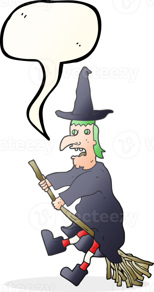 hand drawn speech bubble cartoon witch flying on broom png