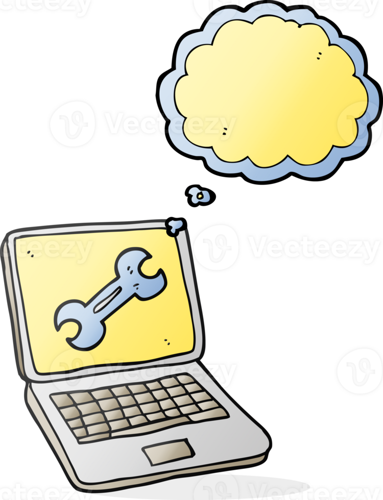 hand drawn thought bubble cartoon laptop computer with fix screen png