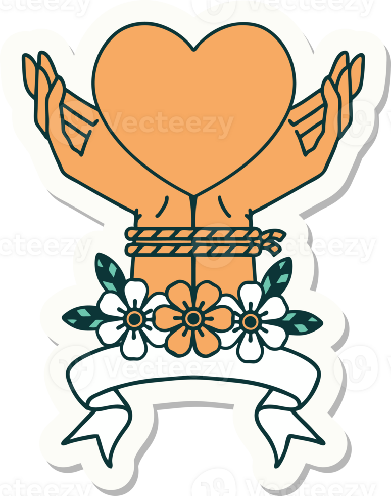 tattoo style sticker with banner of tied hands and a heart png