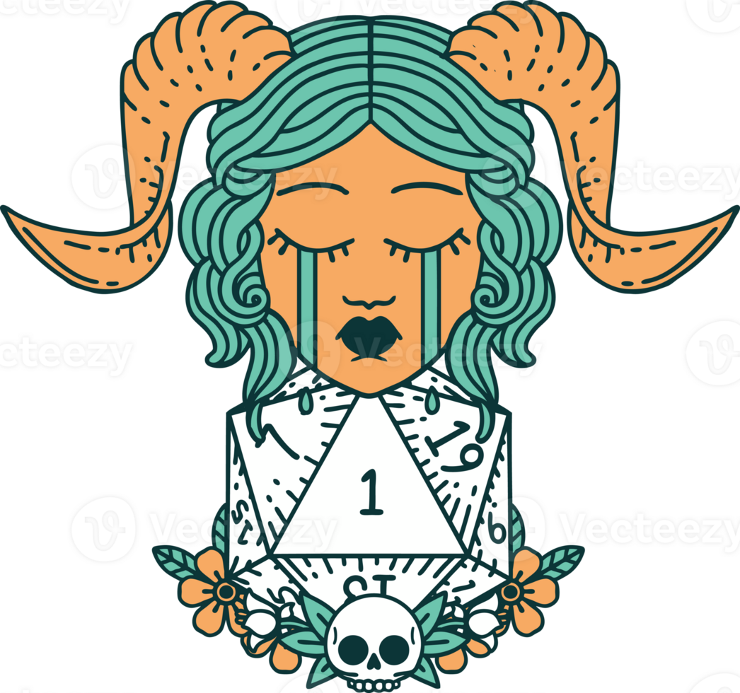 Retro Tattoo Style crying tiefling with natural one D20 dice roll png