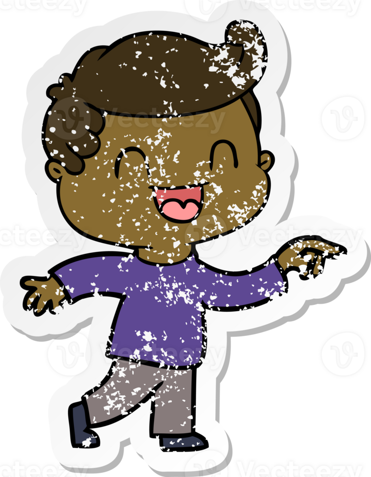 distressed sticker of a cartoon happy man pointing png