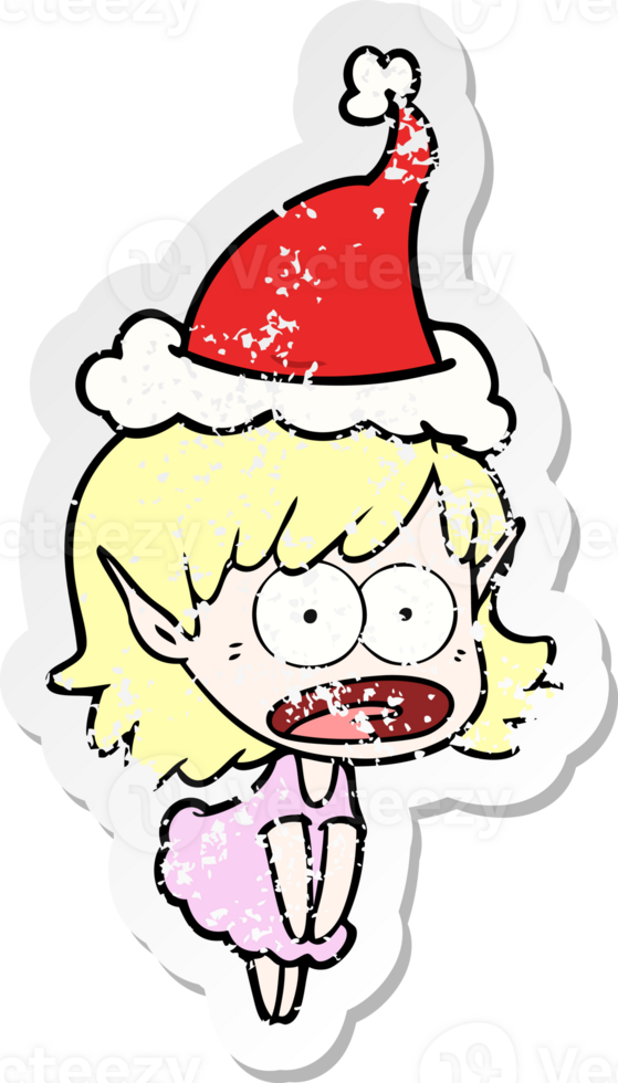 hand drawn distressed sticker cartoon of a shocked elf girl wearing santa hat png