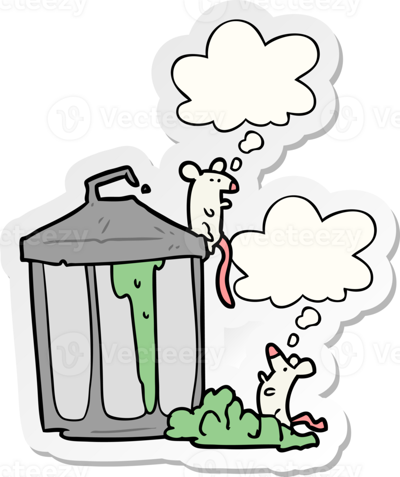 cartoon garbage can with thought bubble as a printed sticker png