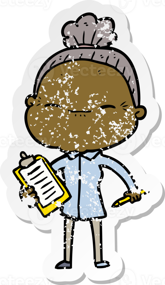 distressed sticker of a cartoon peaceful old woman png