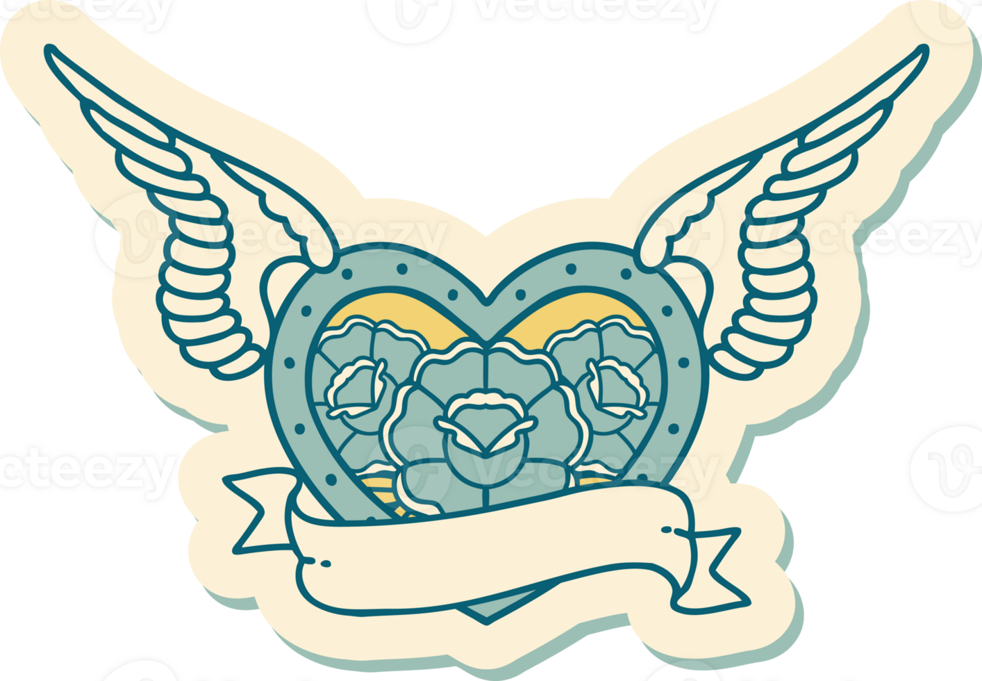 sticker of tattoo in traditional style of a flying heart with flowers and banner png