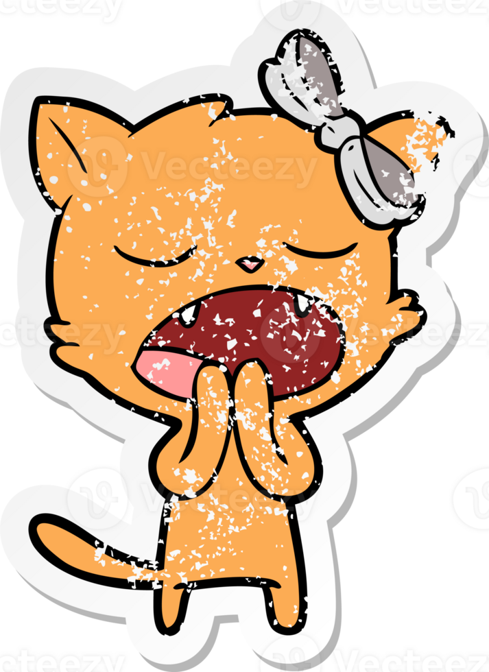 distressed sticker of a cartoon yawning cat png