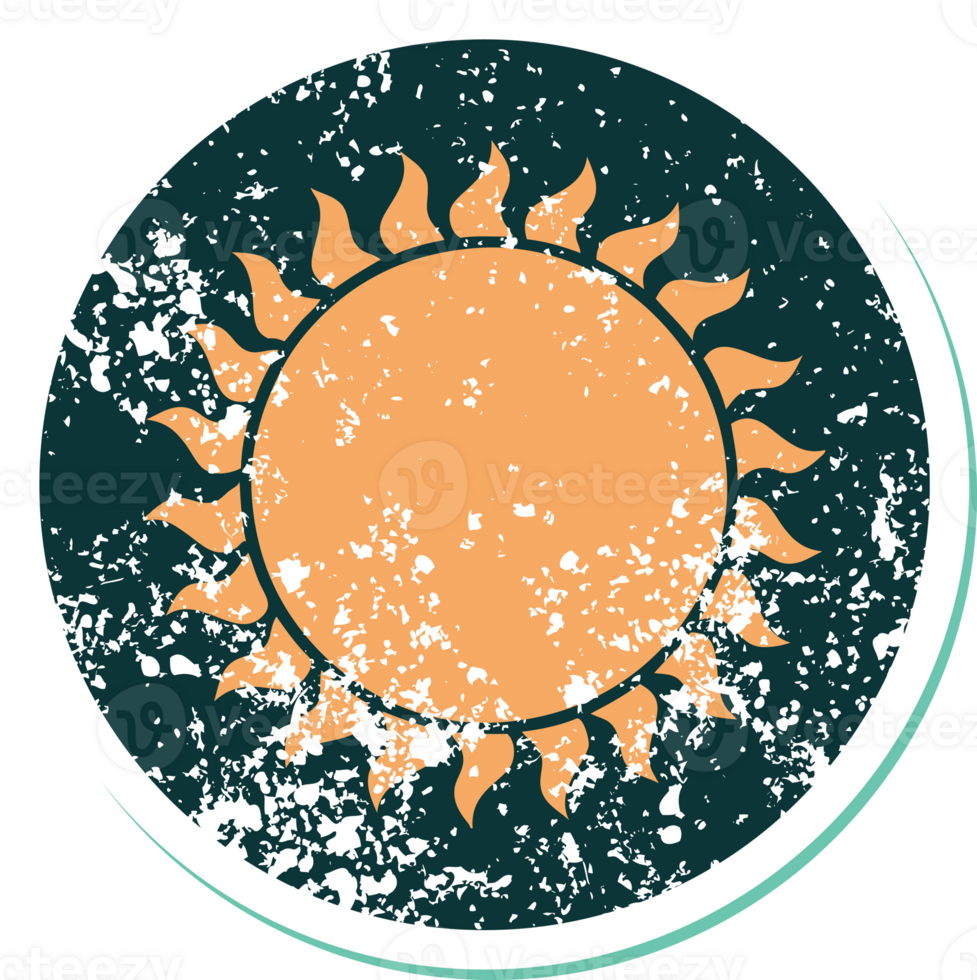 iconic distressed sticker tattoo style image of a sun png