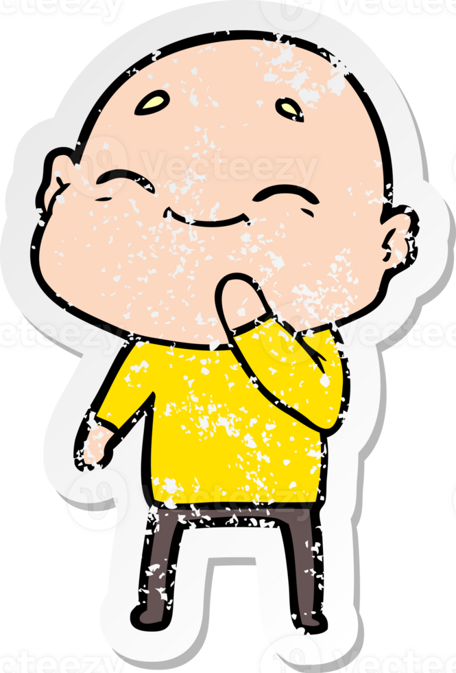 distressed sticker of a happy cartoon bald man png
