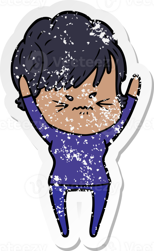 distressed sticker of a cartoon frustrated woman png