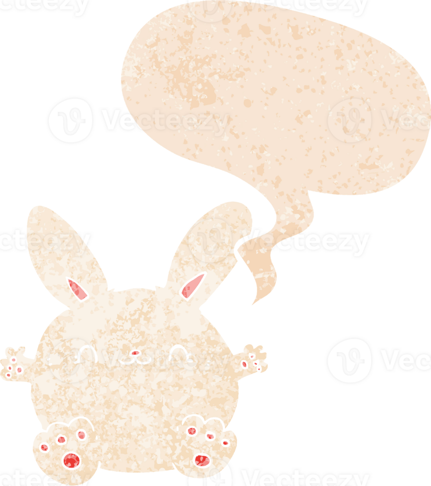 cute cartoon rabbit with speech bubble in grunge distressed retro textured style png