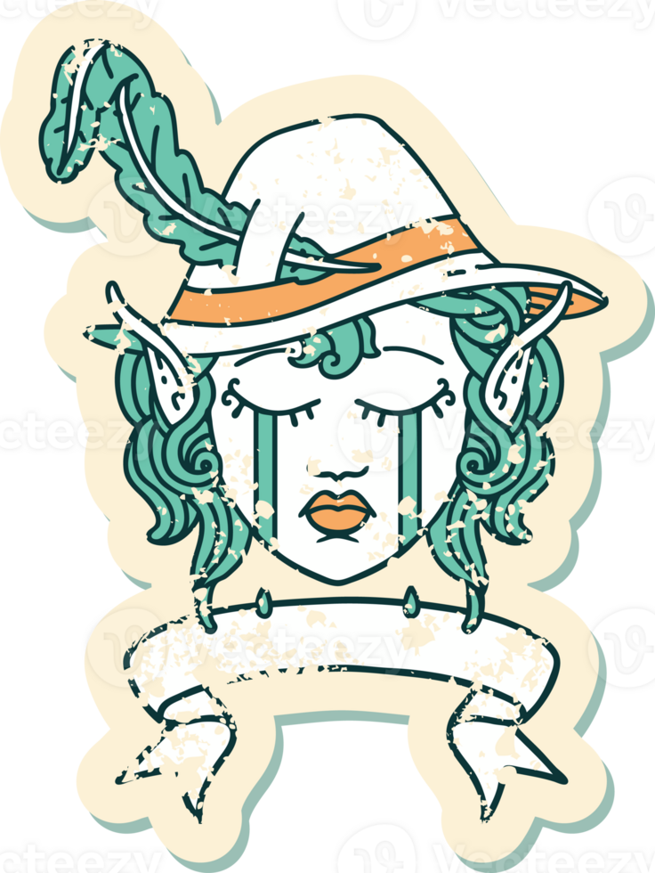 Retro Tattoo Style crying elf bard character face with banner png