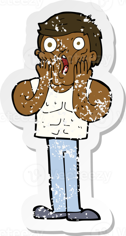 retro distressed sticker of a cartoon shocked gym man png
