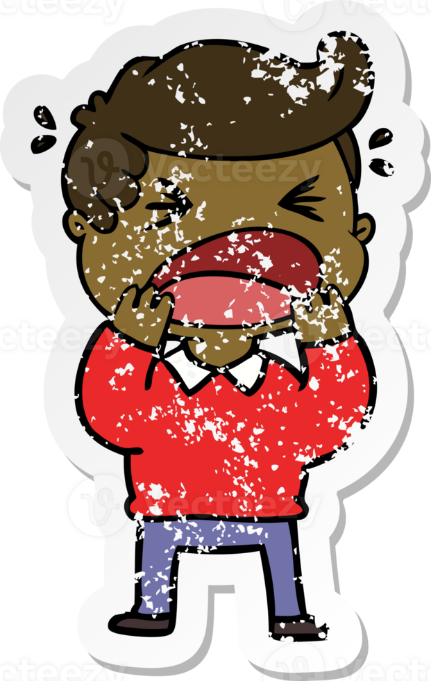 distressed sticker of a cartoon shouting man png