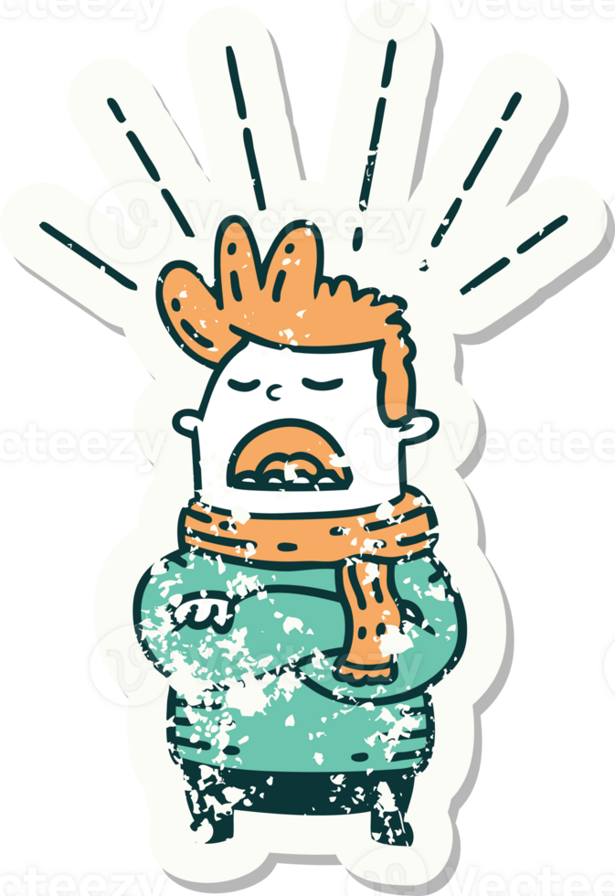 worn old sticker of a tattoo style man wearing scarf png