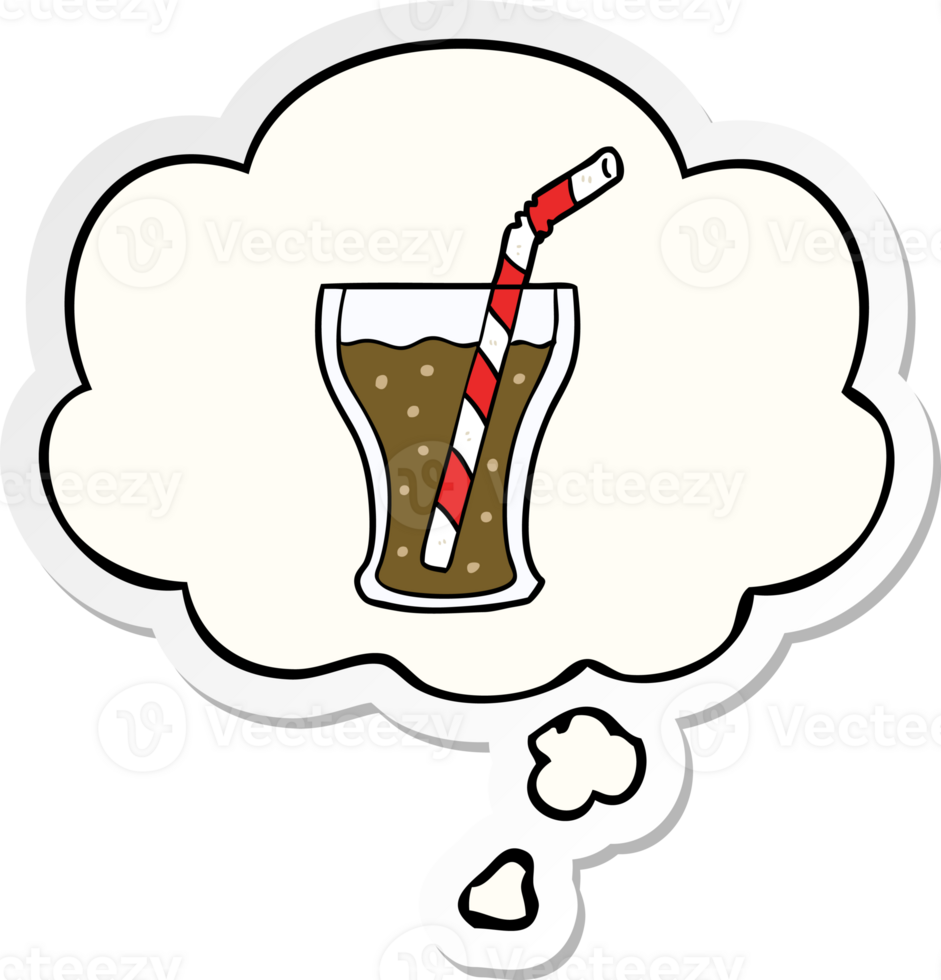 cartoon glass of cola with thought bubble as a printed sticker png
