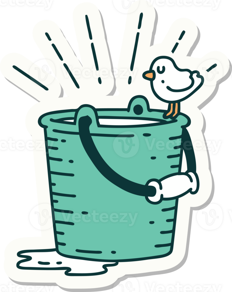 sticker of a tattoo style bird perched on bucket of water png