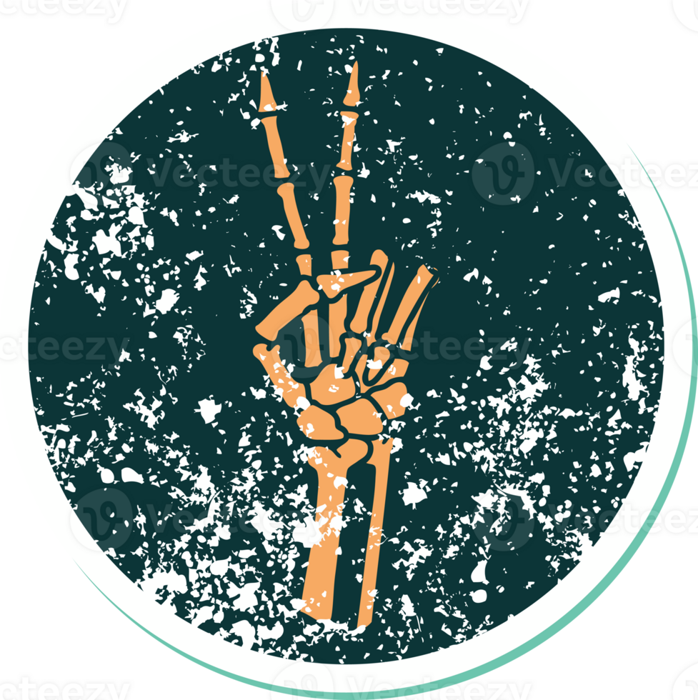 iconic distressed sticker tattoo style image of a skeleton giving a peace sign png