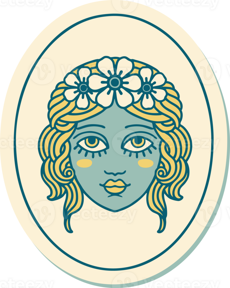 sticker of tattoo in traditional style of a maiden with flowers in her ...