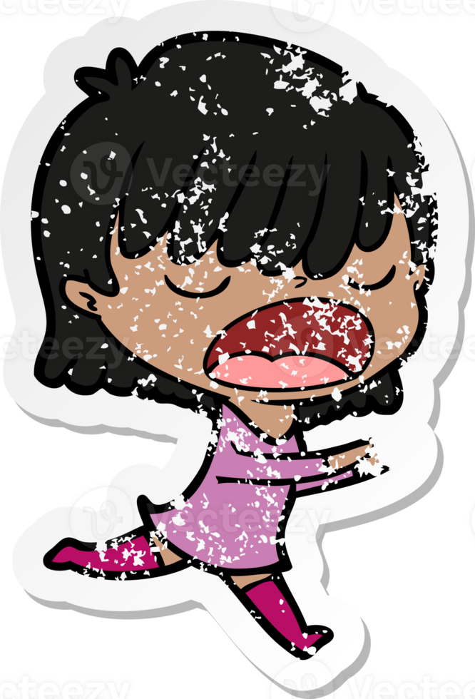 distressed sticker of a cartoon woman talking loudly png