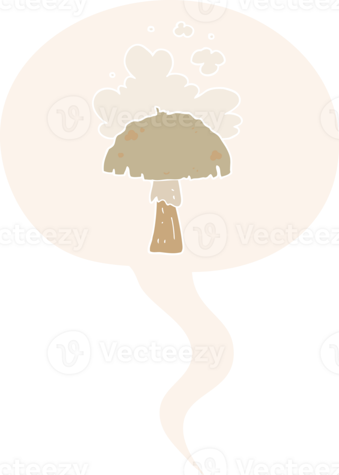 cartoon mushroom with spore cloud with speech bubble in retro style png
