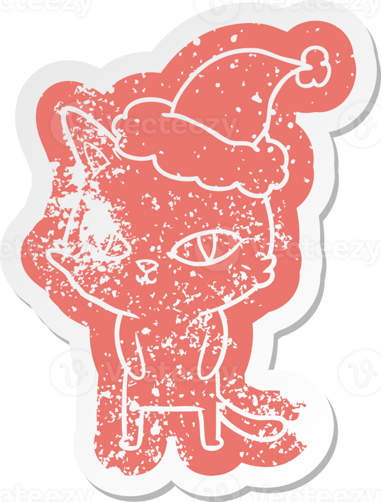 quirky cartoon distressed sticker of a cat with bright eyes wearing santa hat png