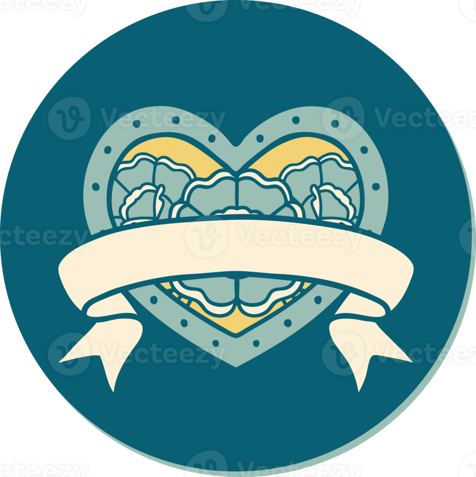 sticker of tattoo in traditional style of a heart and banner with flowers png