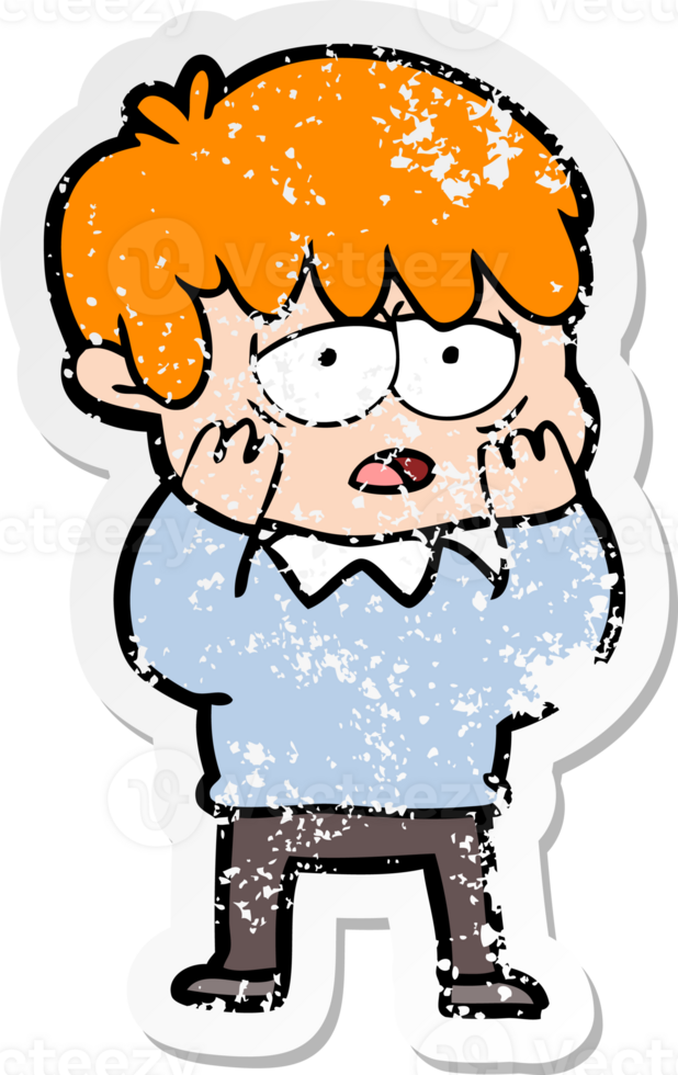 distressed sticker of a cartoon exhausted boy png