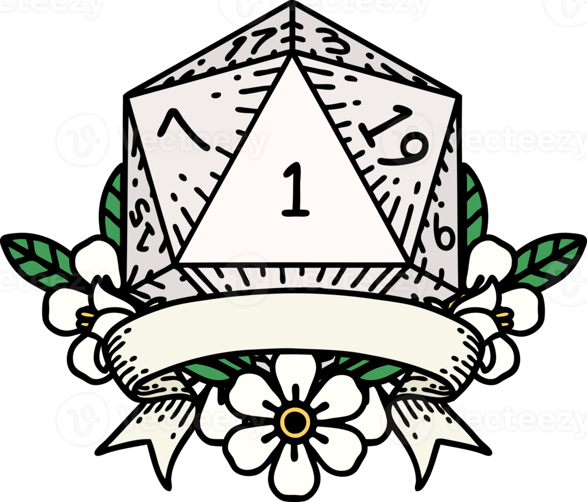 Retro Tattoo Style natural one d20 dice roll png