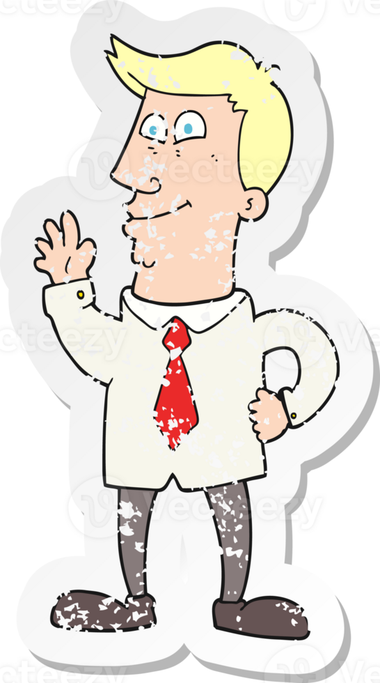 retro distressed sticker of a cartoon waving man png