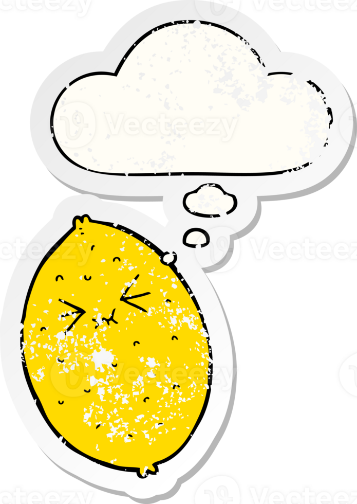 cartoon bitter lemon with thought bubble as a distressed worn sticker png