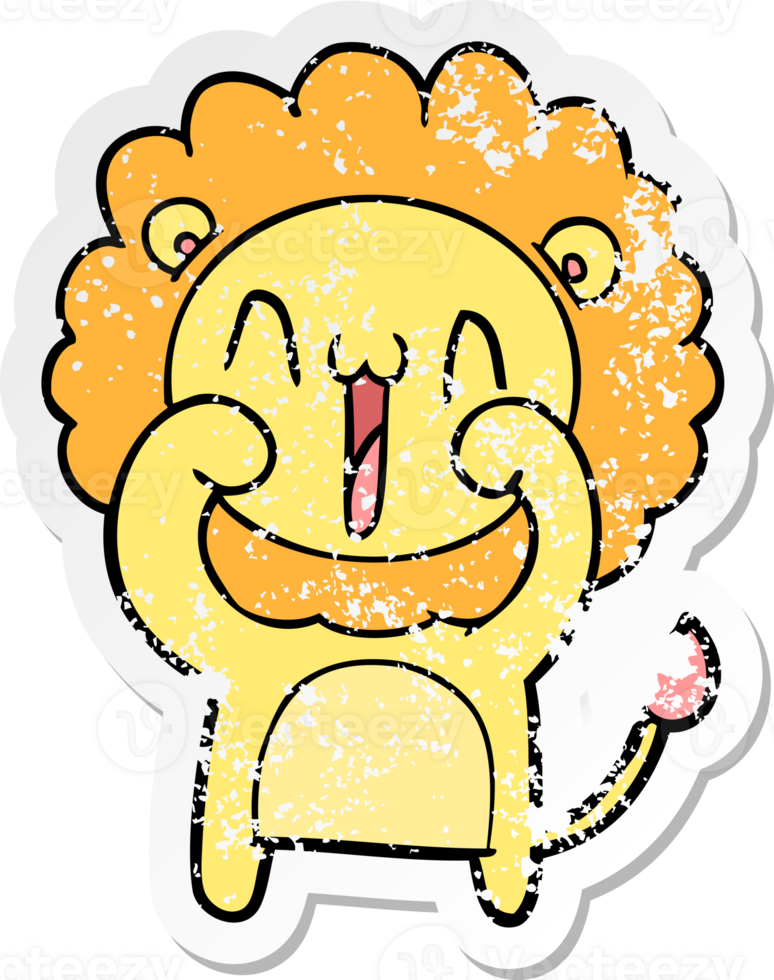 distressed sticker of a happy cartoon lion png