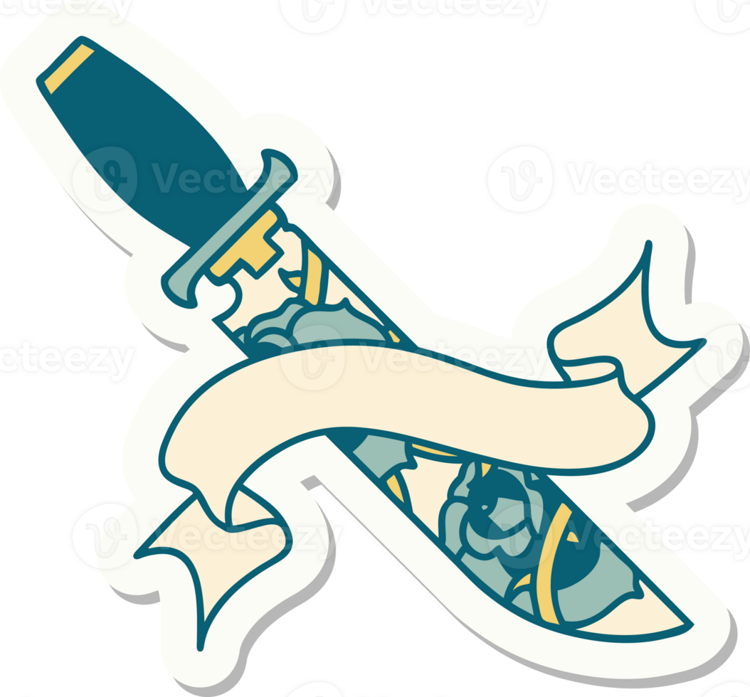 tattoo style sticker with banner of a dagger and flowers png