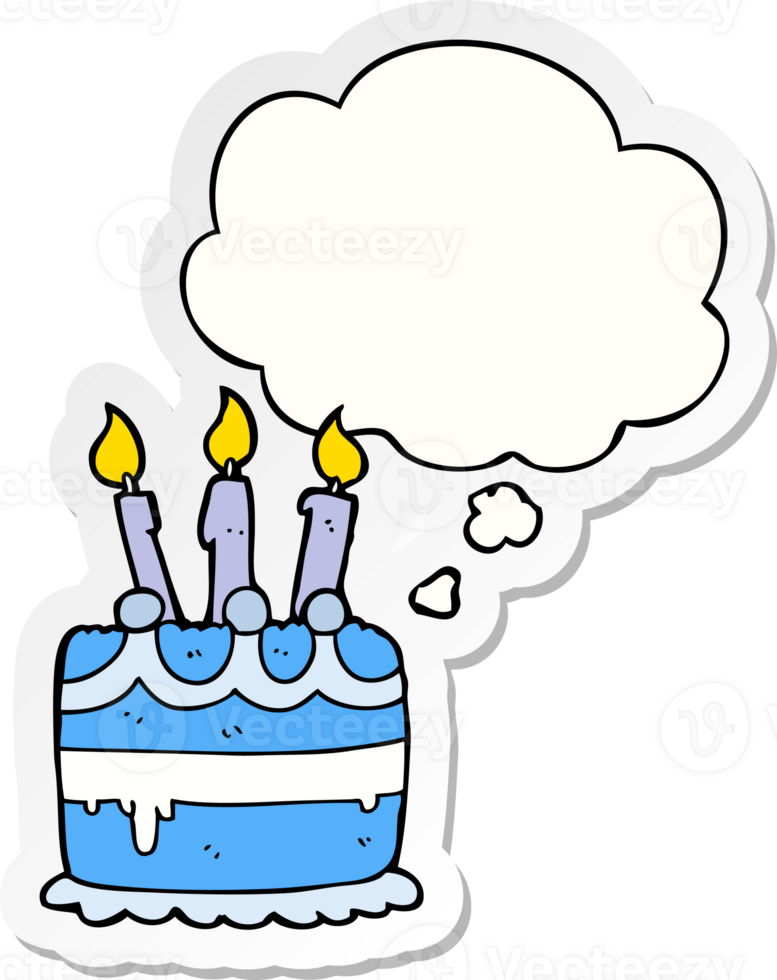 cartoon birthday cake with thought bubble as a printed sticker png