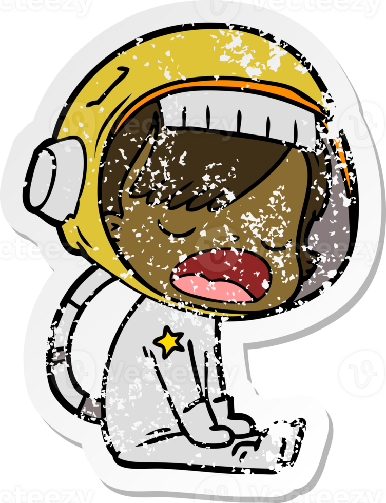 distressed sticker of a cartoon talking astronaut png