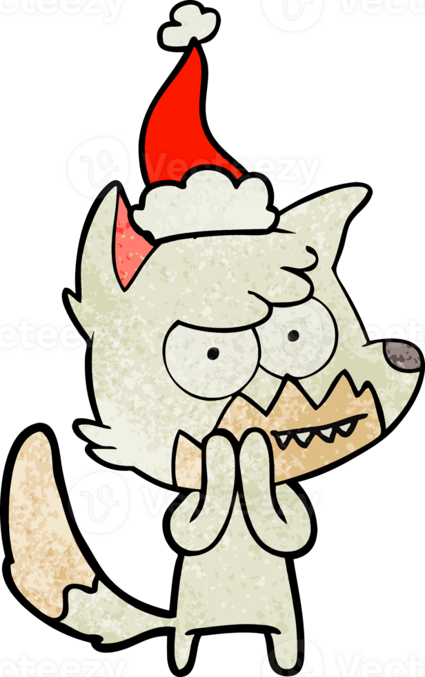 hand drawn textured cartoon of a grinning fox wearing santa hat png