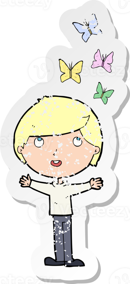 retro distressed sticker of a cartoon man and butterflies png