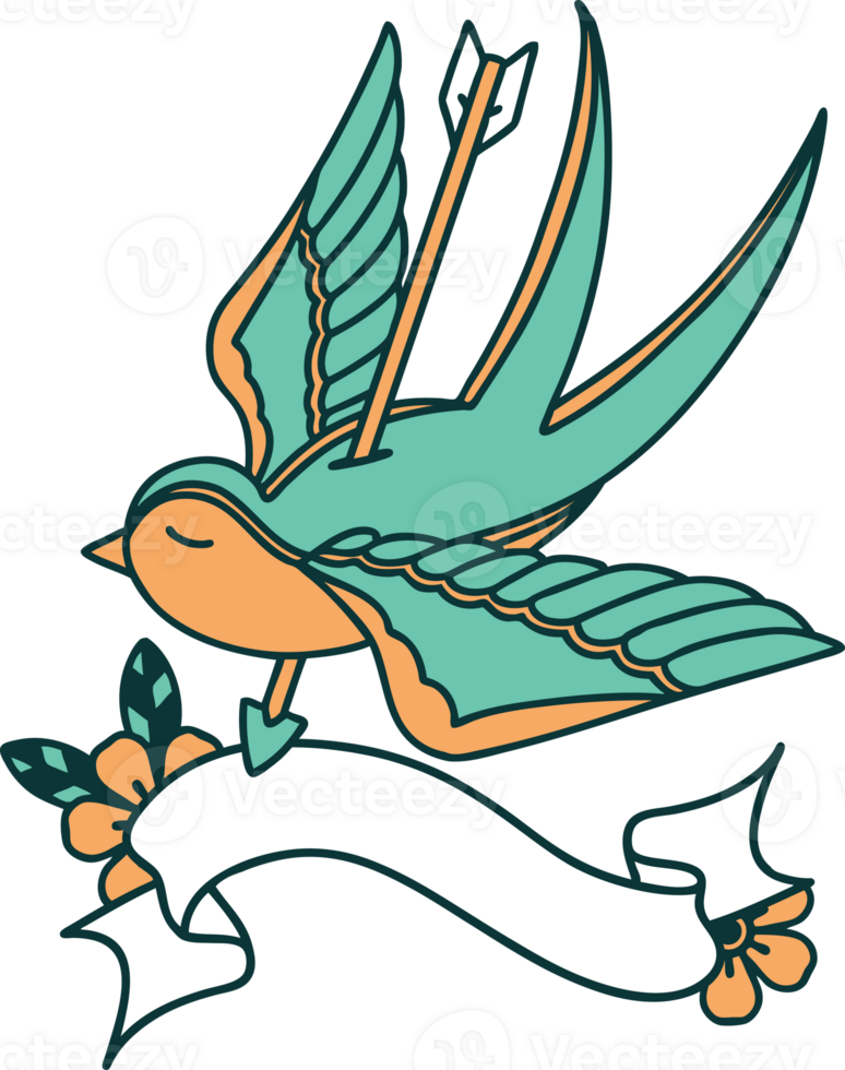 traditional tattoo with banner of a swallow pierced by arrow png