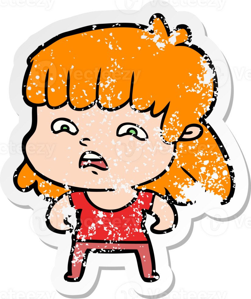 distressed sticker of a cartoon worried woman png