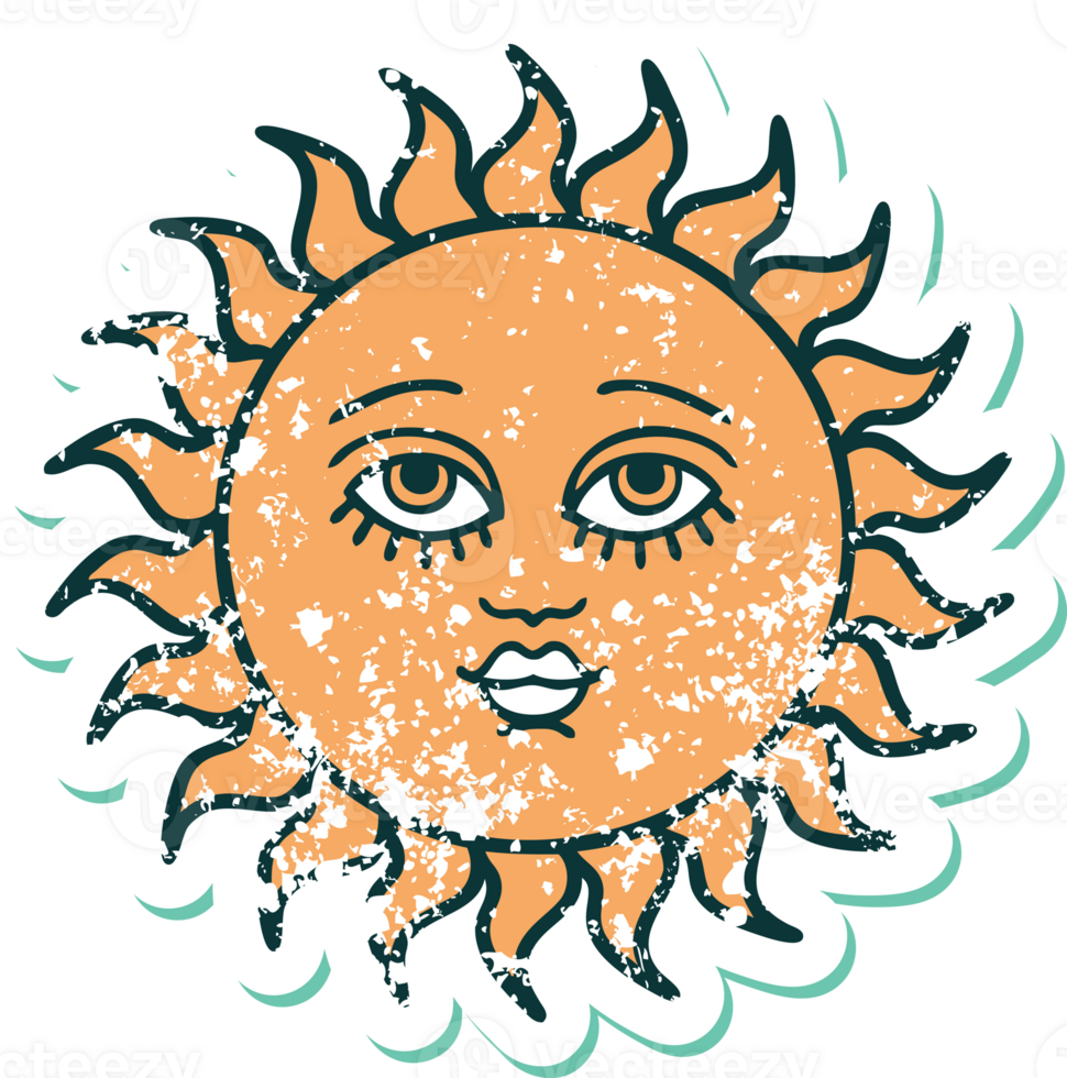 iconic distressed sticker tattoo style image of a sun with face png
