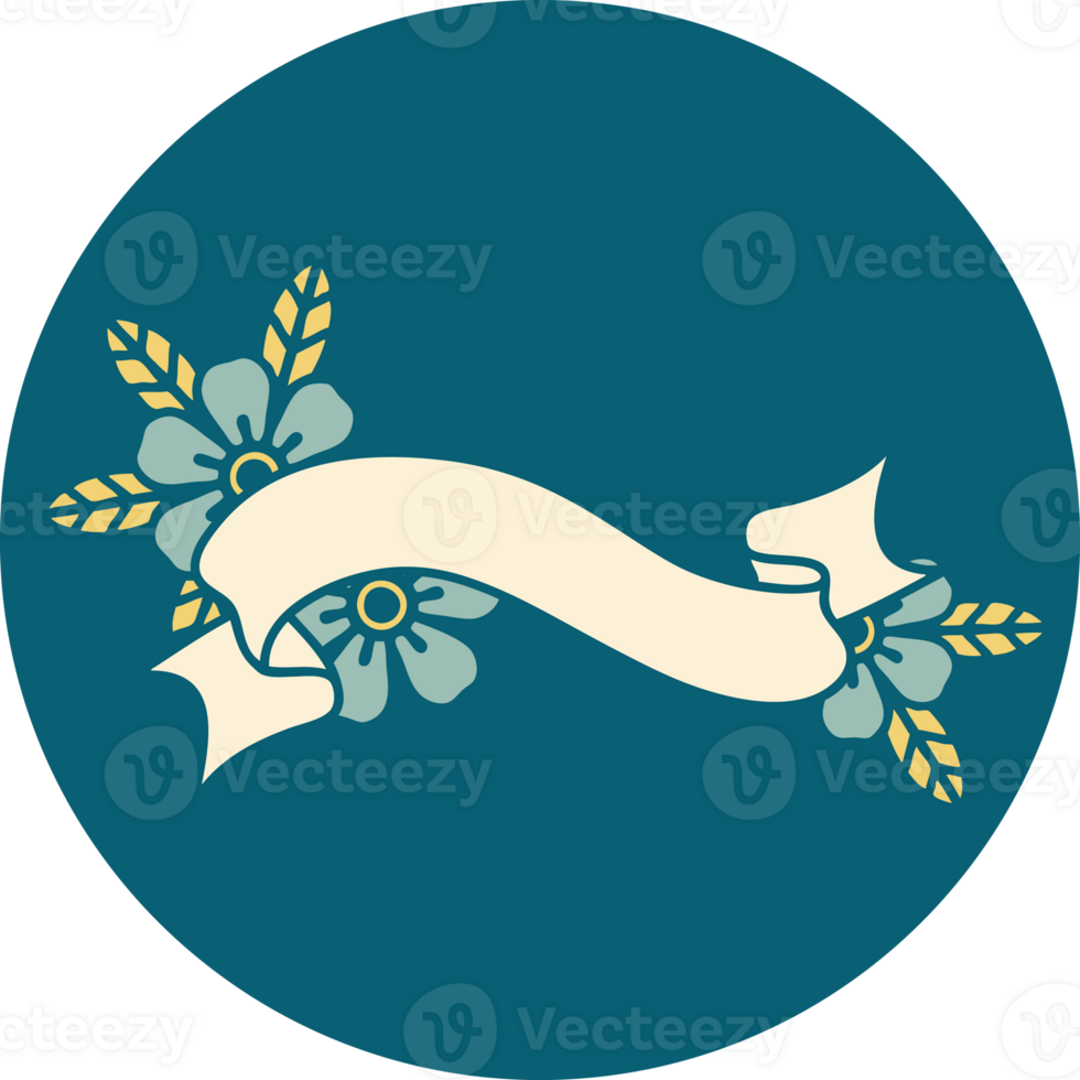 iconic tattoo style image of a banner and flowers png